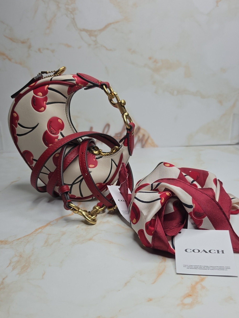 COACH Jonie Bag Mini Cherry And Cherries Swirl Printed Silk Scarf Bundle